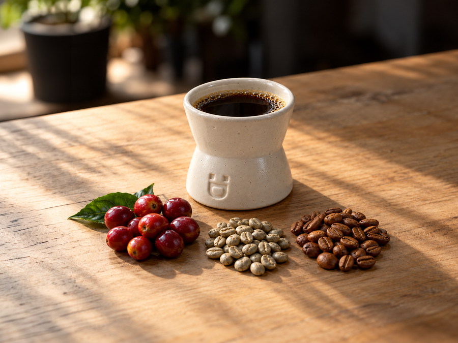 Copo de café especial DROPIT ao lado de frutos, grãos verdes e grãos torrados sobre madeira clara