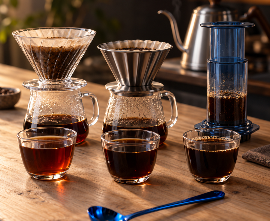 Três métodos de café filtrado lado a lado com xícaras de café especial sobre madeira clara